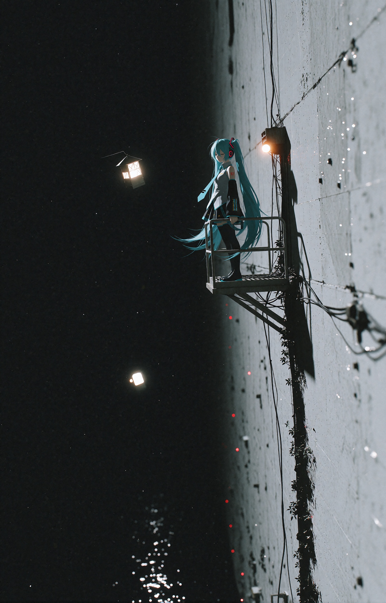 Hatsune Miku,  the iconic Vocaloid with impossibly long teal twin-tails,  stands alone on a tiny scaffold platform attache...