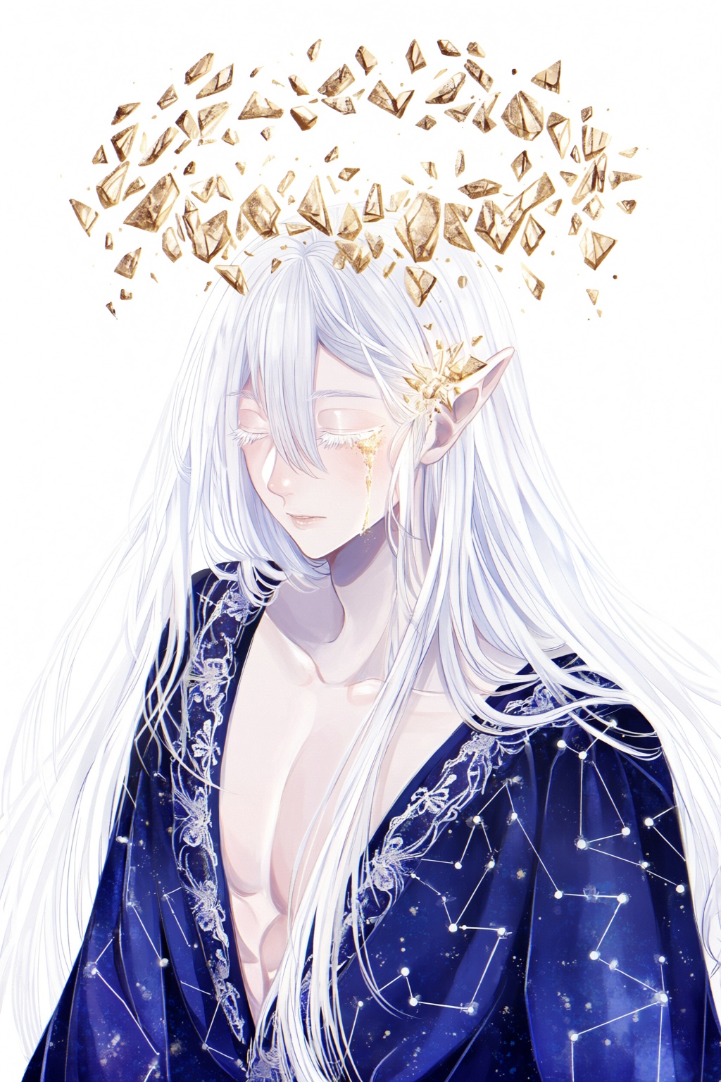 highres,  absurdres,  @surume_(surumemodoki) An upper body depiction of a celestial being featuring a floating halo of fra...