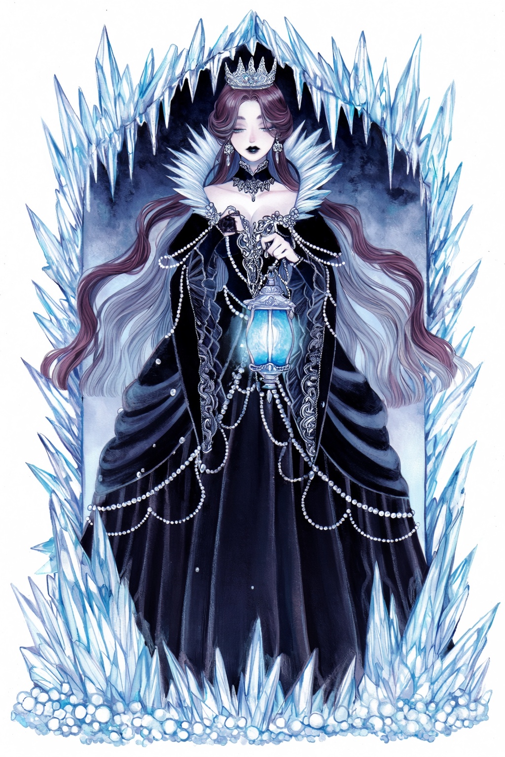 highres,  absurdres,  @surume_(surumemodoki) A regal queen with flowing plum-colored hair in a high-collared velvet gown s...
