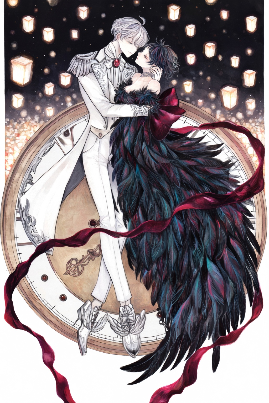 highres,  absurdres,  @surume_(surumemodoki) Two contrasting figures embrace atop a giant on Tensor.Art