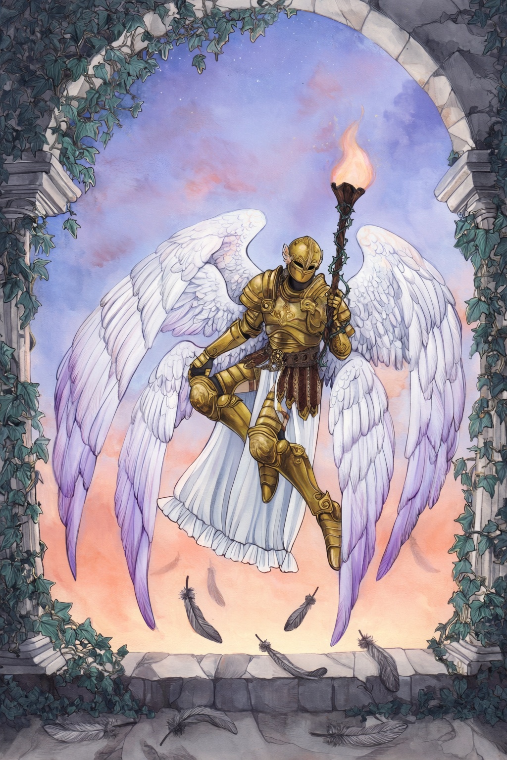 highres,  absurdres,  @surume_(surumemodoki) A winged seraph in heavy golden armor and a ruffled white skirt perches on a...