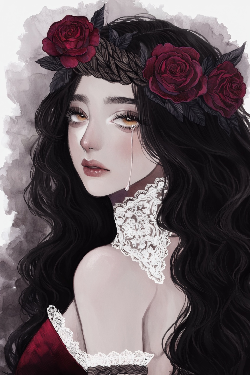 highres,  absurdres,  @surume_(surumemodoki) A close-up portrait of a pale-skinned woman with a crown of woven dark brambl...