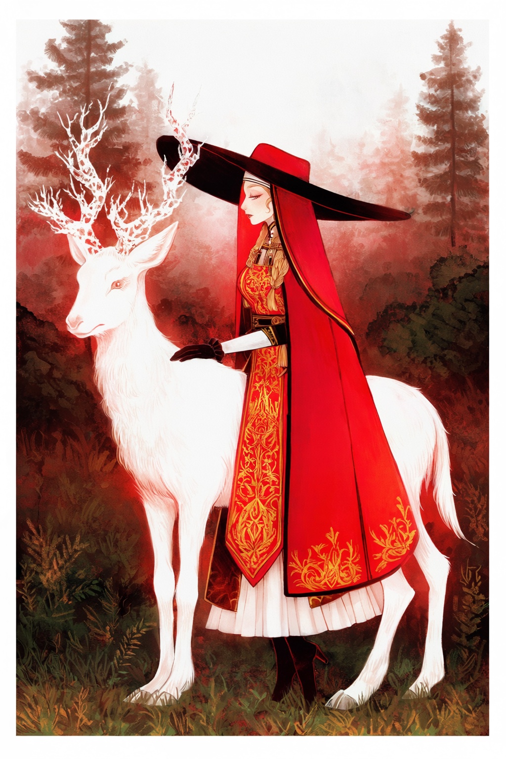 highres,  absurdres,  @surume_(surumemodoki) An elven figure in a crimson riding habit with extensive gold embroidery stan...
