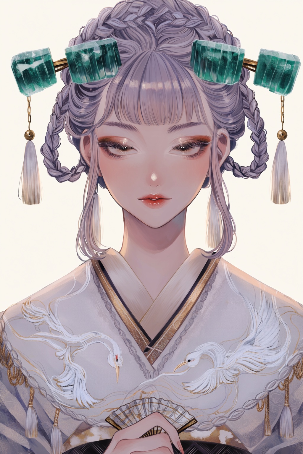 highres,  absurdres,  @surume_(surumemodoki) An elegant portrait of a woman with intricately braided lavender hair on Tens...