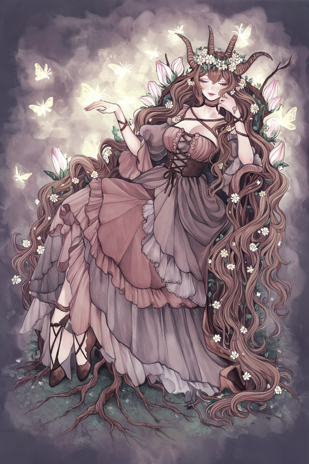 highres,  absurdres,  @surume_(surumemodoki) A horned woodland spirit sits gracefully on a throne of twisted roots and blo...