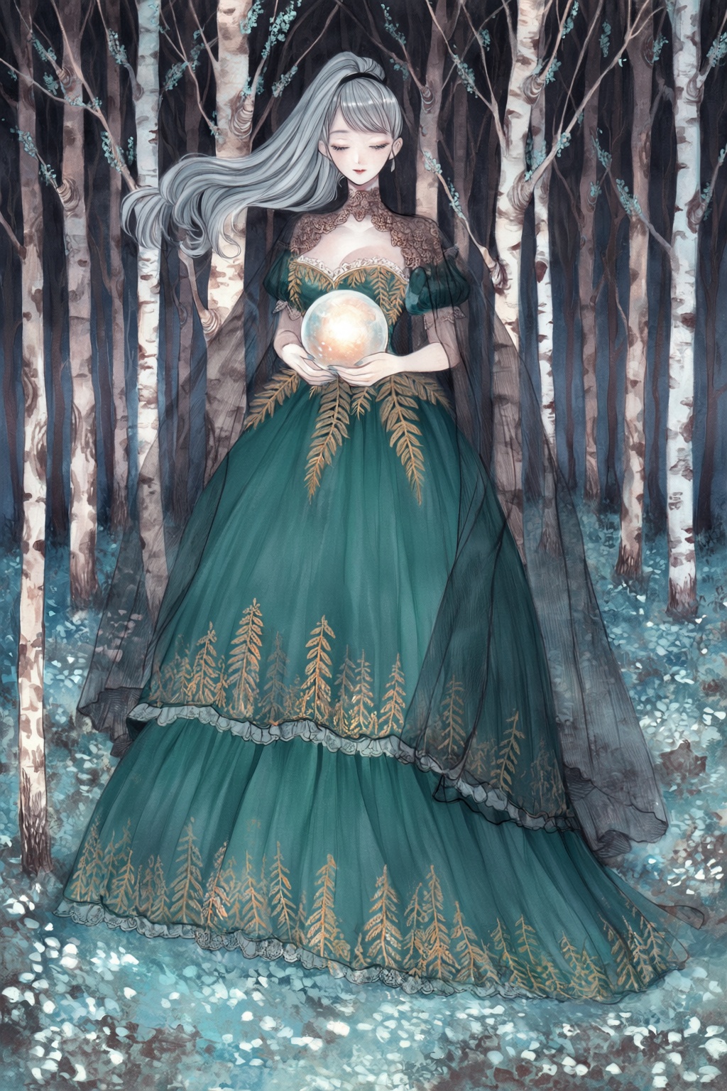 highres,  absurdres,  @surume_(surumemodoki) A graceful figure with sweeping silver hair stands amidst a dense thicket of...