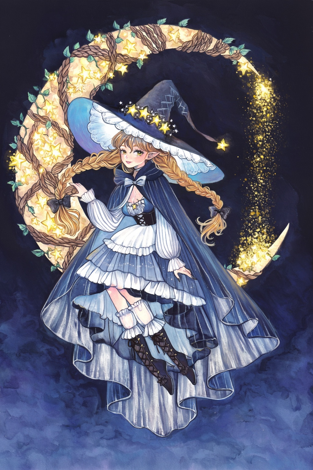 highres,  absurdres,  @surume_(surumemodoki) A witch with braided blonde hair flies gracefully on a crescent moon crafted...
