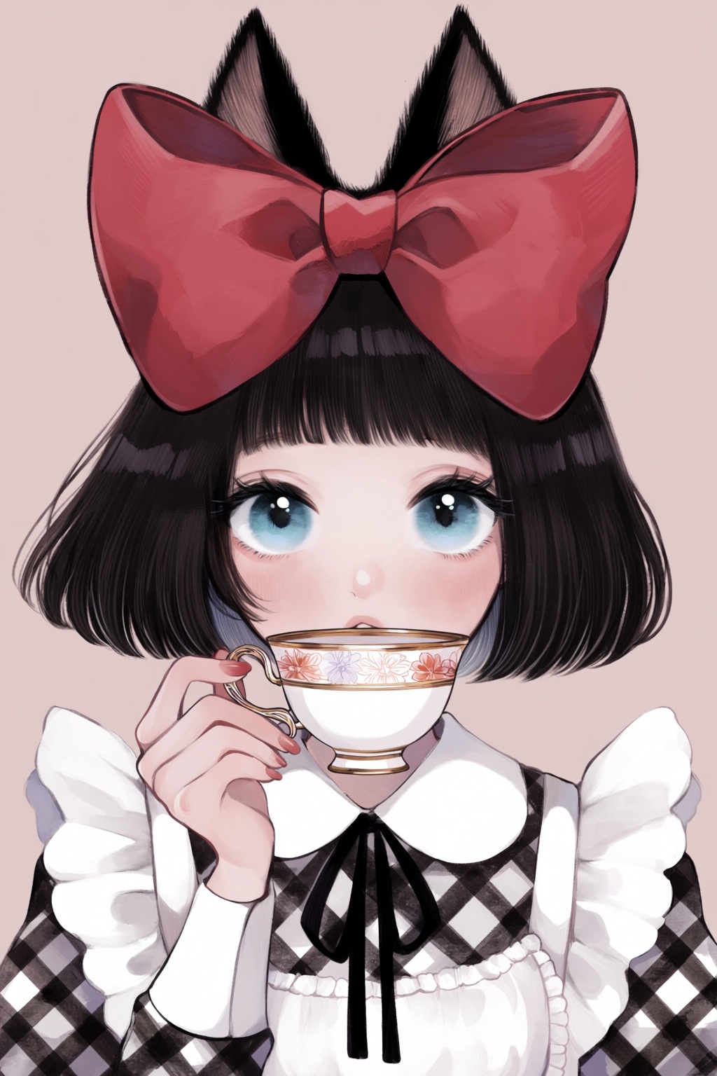 highres,  absurdres,  @surume_(surumemodoki) A close-up of a young girl with furry black cat ears protruding from her shor...