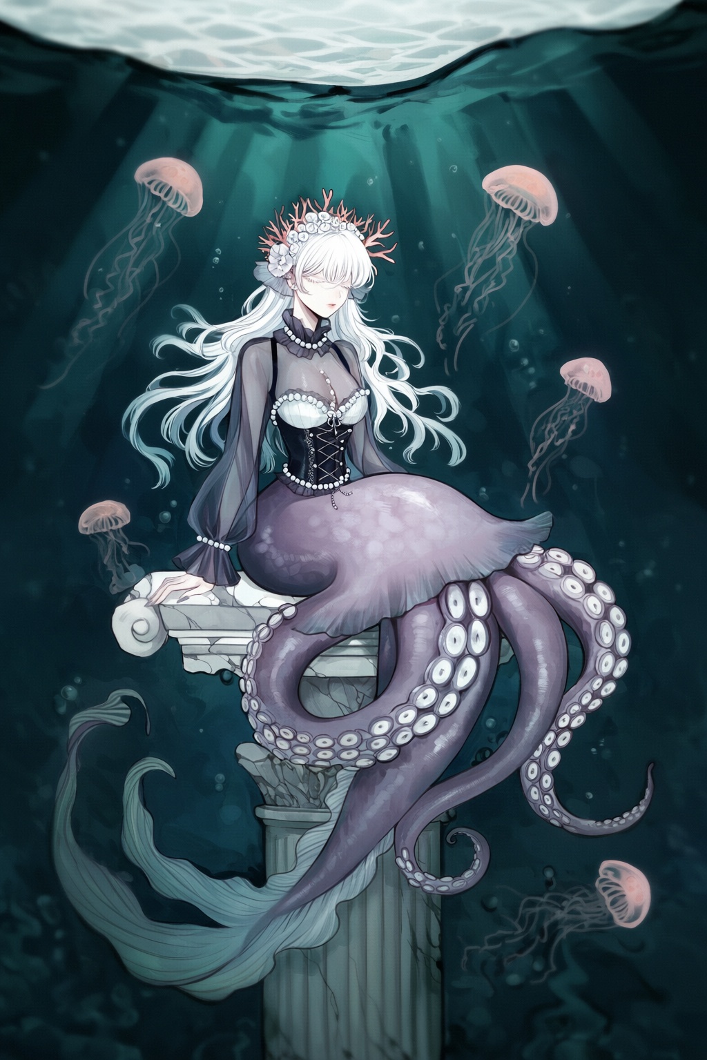 highres,  absurdres,  @surume_(surumemodoki) A gothic mermaid with an inky octopus lower half rests upon a submerged on Te...