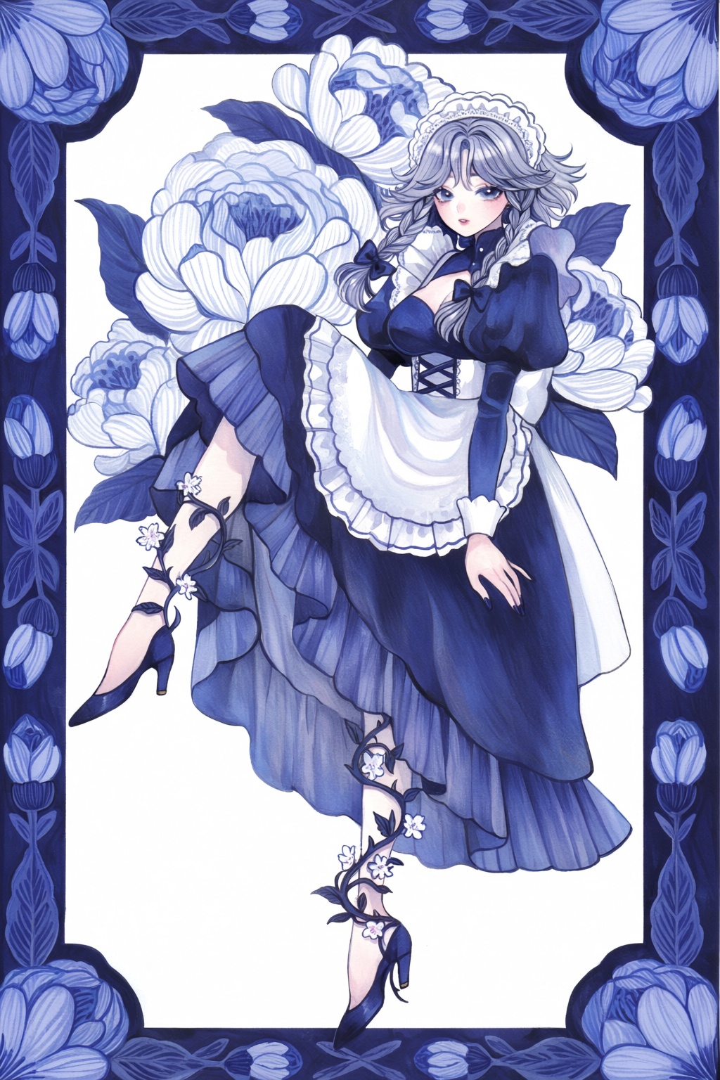 highres,  absurdres,  @surume_(surumemodoki) A young woman with light gray hair styled in braids and a lace headpiece sits...