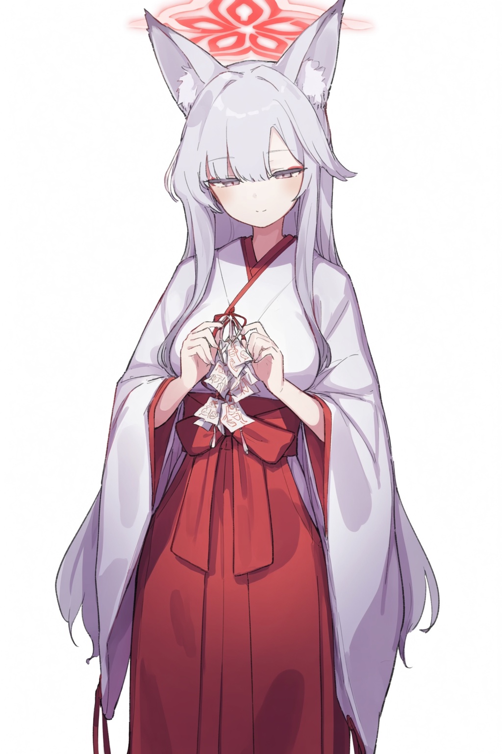 highres,  absurdres,  @epi_zero A young woman with long silver hair and soft white fox ears stands against a stark white b...