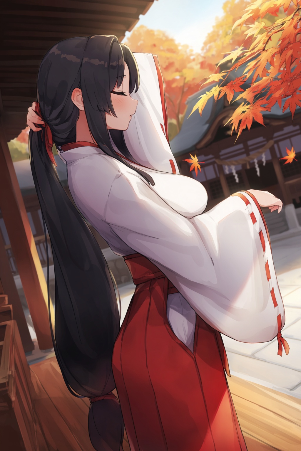 highres,  absurdres,  @epi_zero A woman with sleek black hair cascading down her back stands sweeping the wooden porch of...