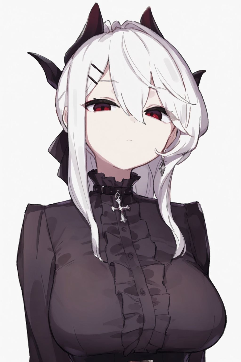 highres,  absurdres,  @epi_zero An upper body view of a pale-skinned young woman with striking white hair and deep red eye...