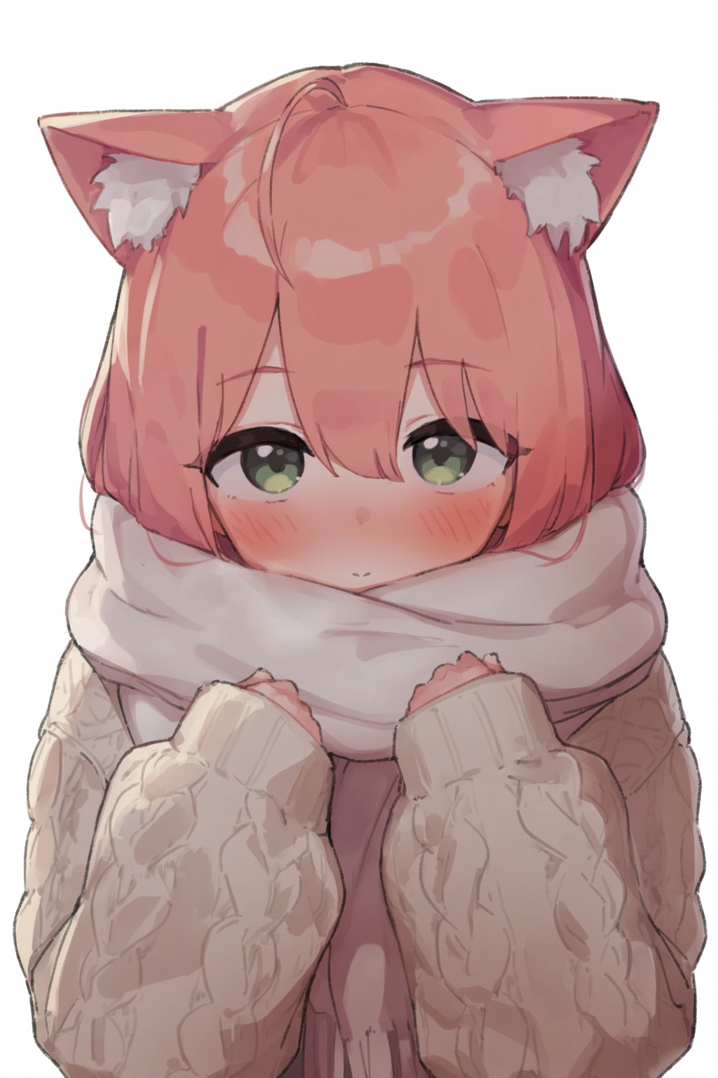 highres,  absurdres,  @epi_zero A close-up upper body portrait of a girl with short coral-pink hair and fluffy cat ears on...