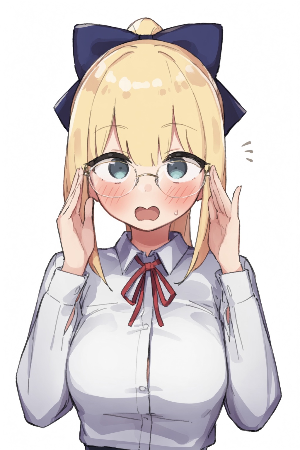 highres,  absurdres,  @epi_zero A bust-length portrait of a blonde girl against a solid white background. A large on Tenso...