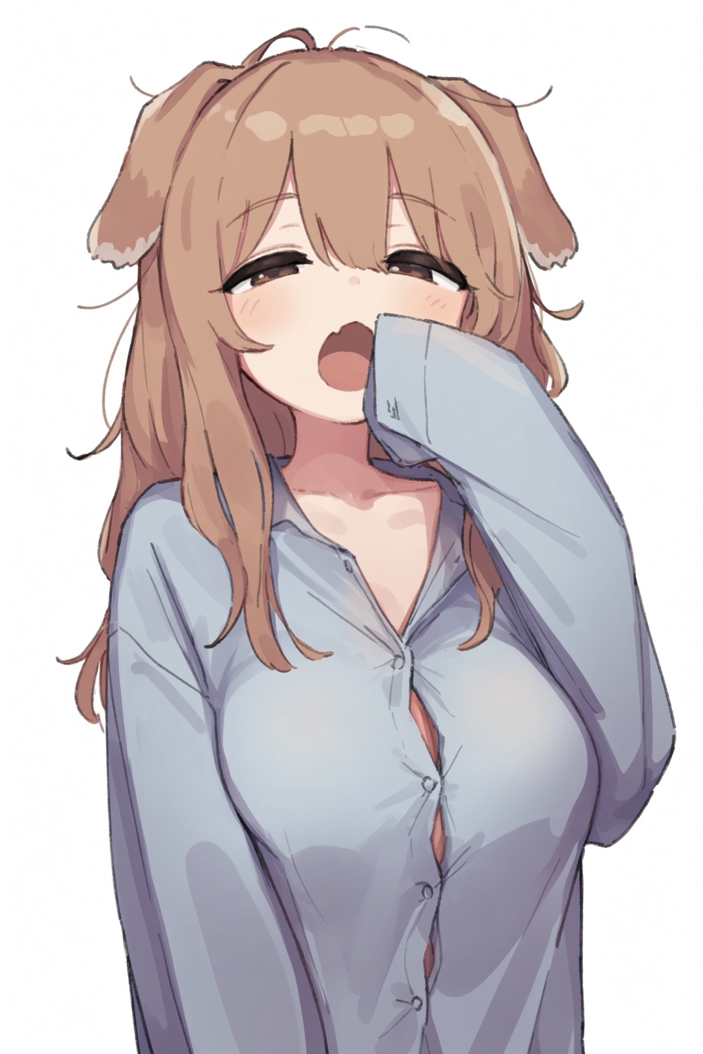 highres,  absurdres,  @epi_zero An upper body portrait of a girl with messy ash-brown hair and floppy dog ears against a s...