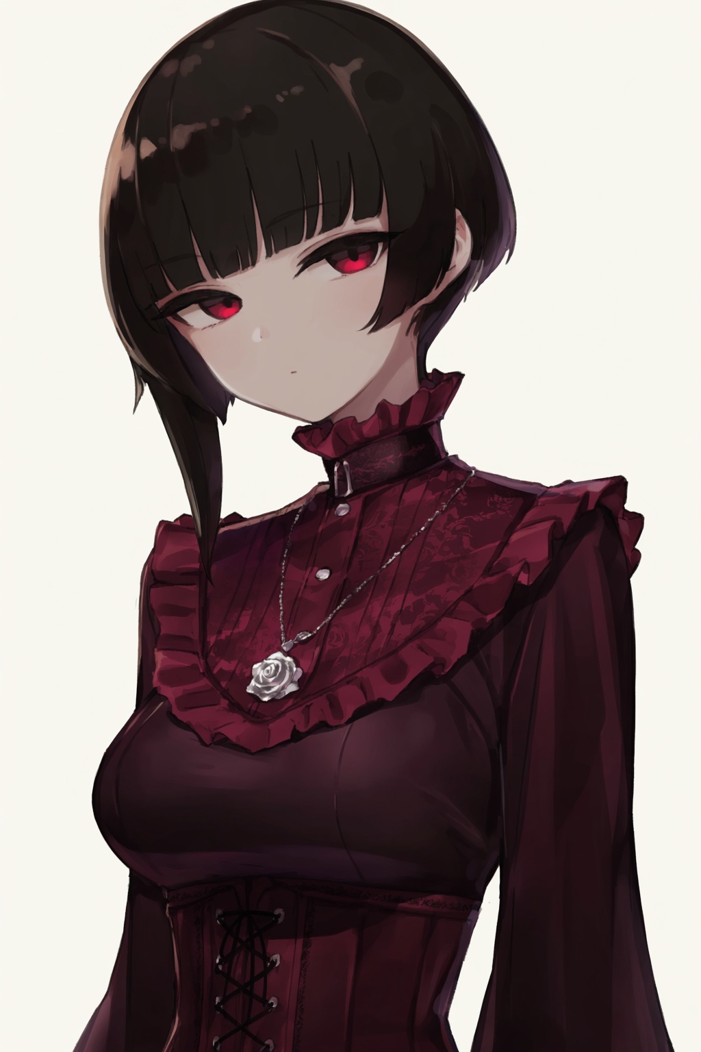 highres,  absurdres,  @epi_zero An upper-body focus of a pale-skinned young woman with striking crimson eyes and sleek bla...
