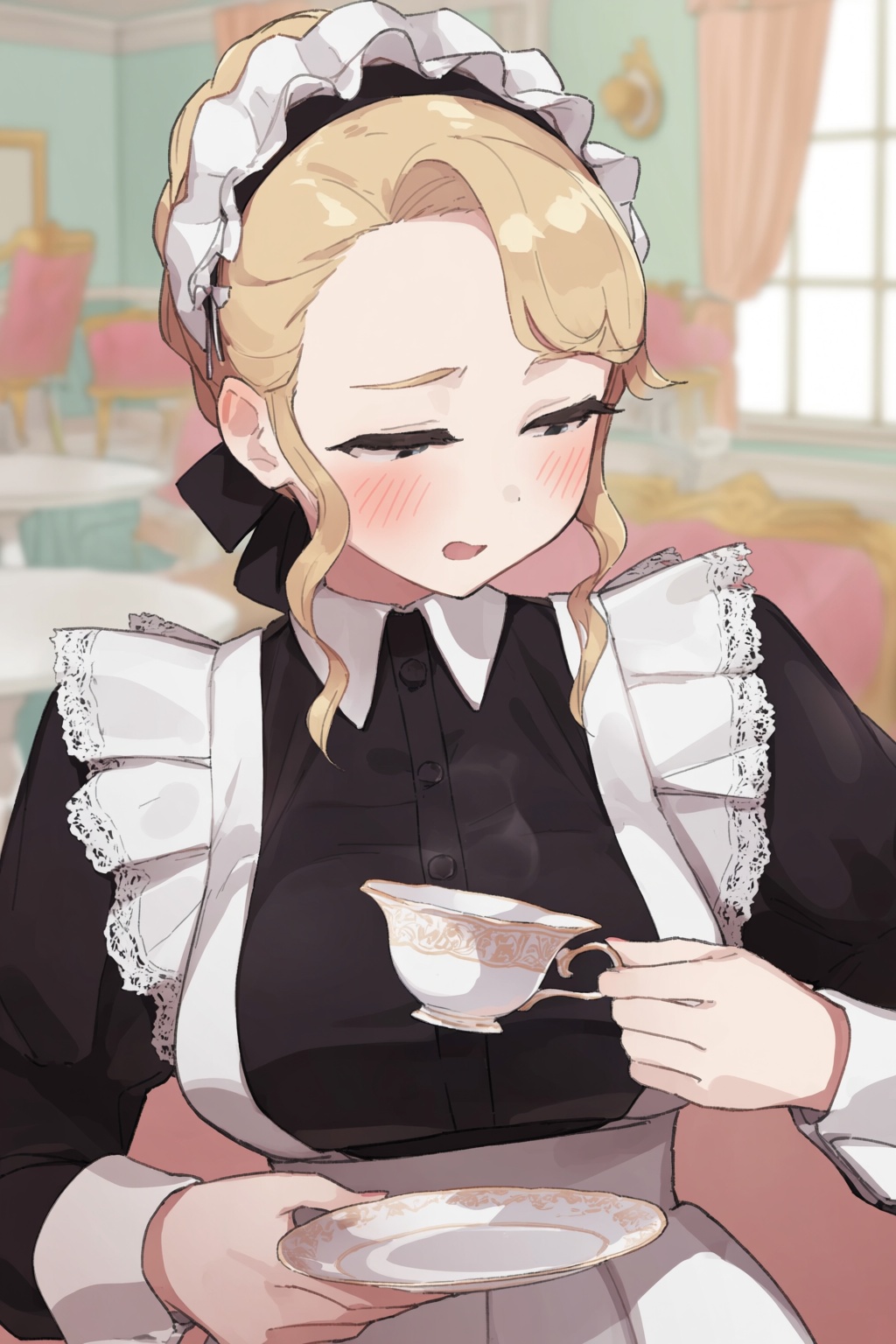 highres,  absurdres,  @epi_zero A close-up upper-body shot of a woman with curly blonde hair wearing a classic black-and-w...