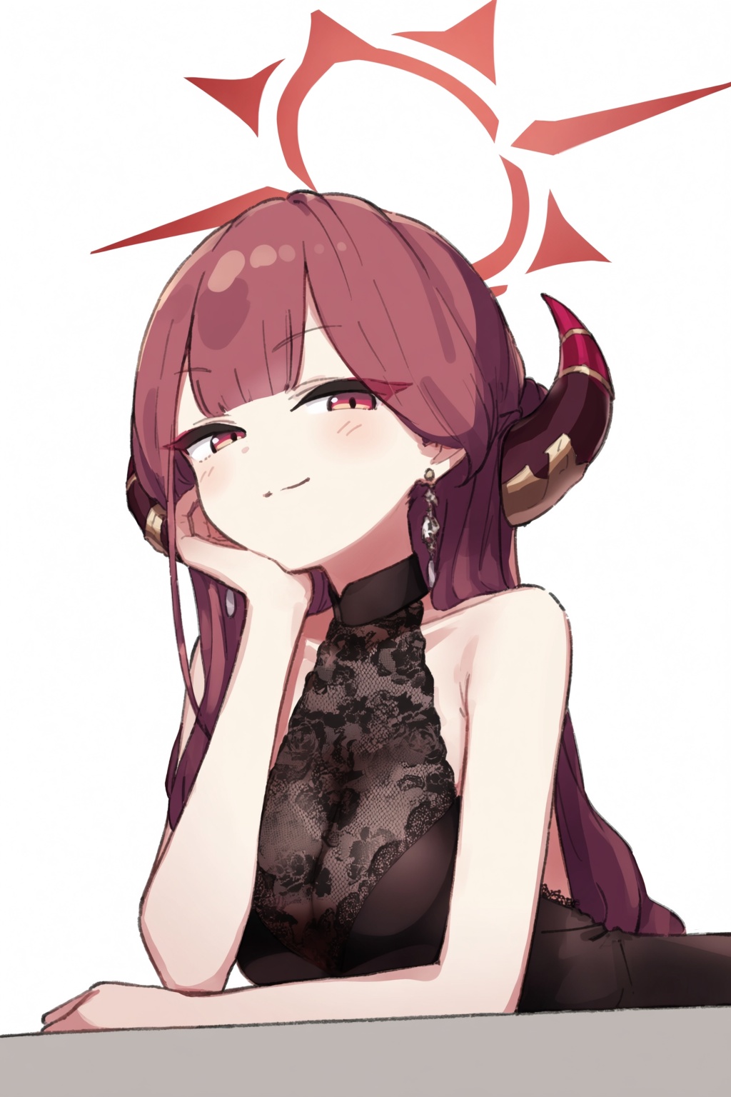 highres,  absurdres,  @epi_zero A bust shot of a young woman with rich burgundy hair and curved crimson horns protruding f...