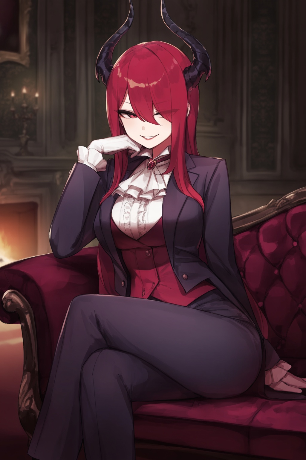 highres,  absurdres,  @epi_zero A striking woman with long crimson hair and curved on Tensor.Art