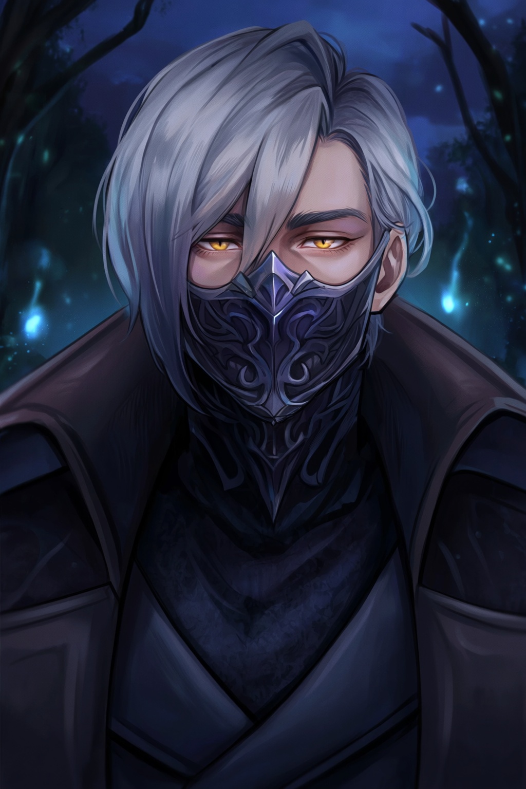 highres,  absurdres,  @darksideofkira 15. A close-up of a man with silver hair and a dark on Tensor.Art