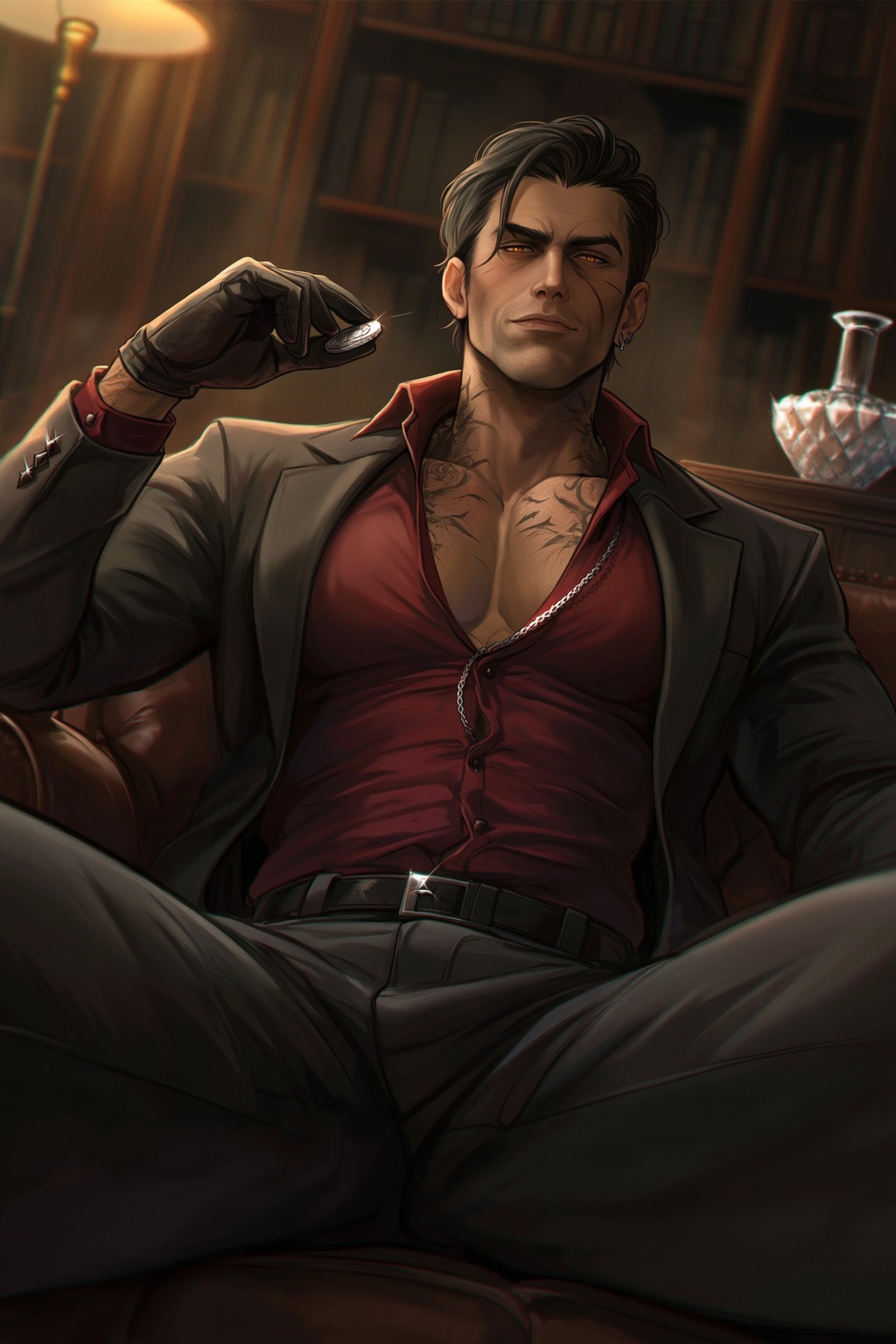 highres,  absurdres,  @darksideofkira A muscular man with slicked-back dark hair and a sharp jawline sits heavily in a plu...