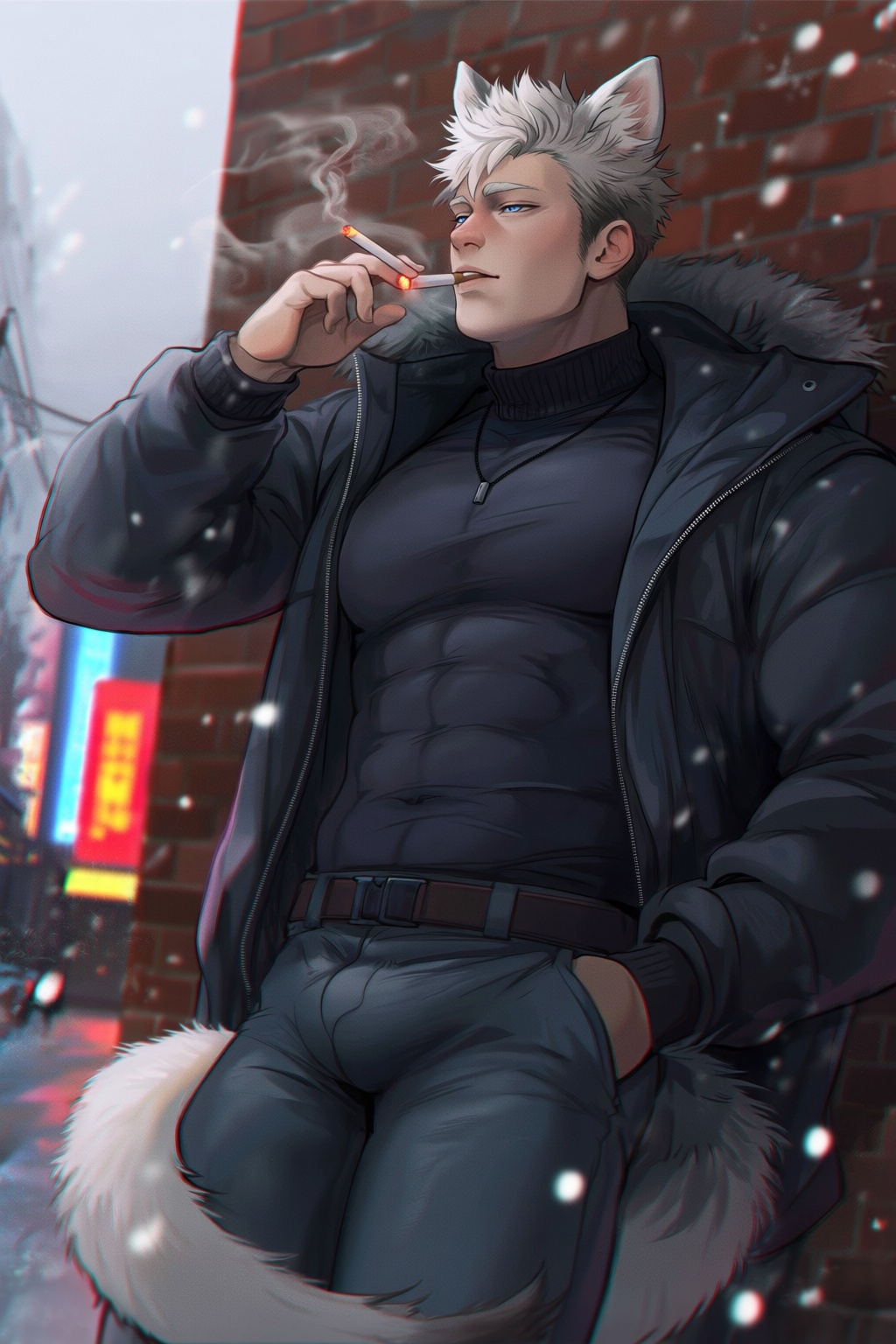 highres,  absurdres,  @darksideofkira 19. A muscular young man with spiky white hair and thick on Tensor.Art