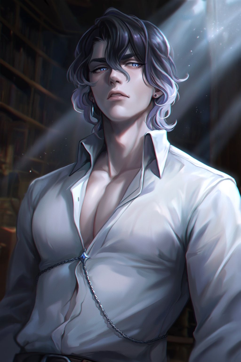 highres,  absurdres,  @darksideofkira An upper-body portrait of a pale-skinned young man with wavy on Tensor.Art