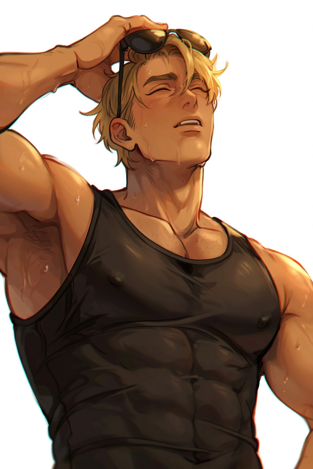 highres,  absurdres,  @darksideofkira 13. A close-up view focuses on the torso and head of a man with tan skin and short b...