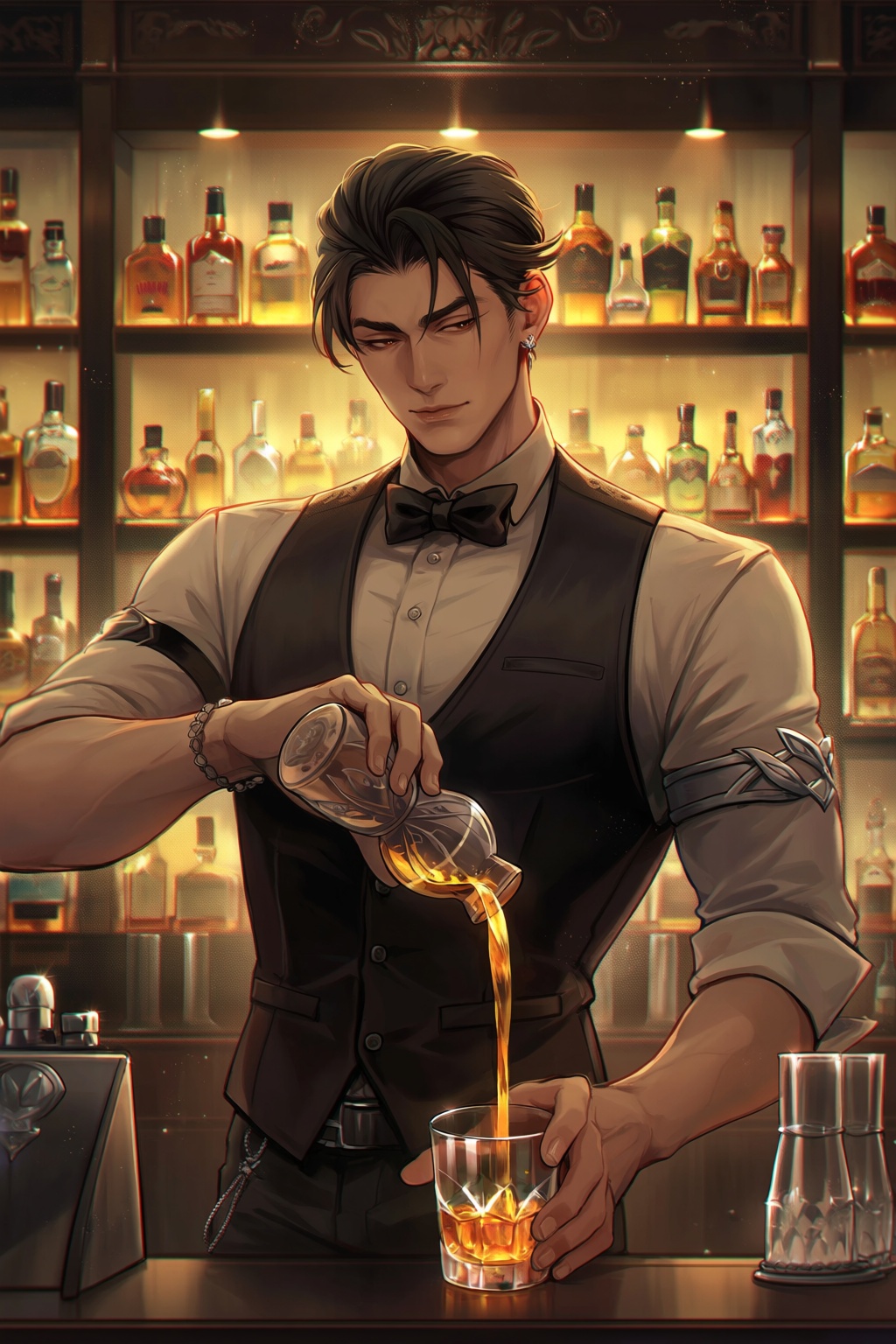 highres,  absurdres,  @darksideofkira 39. An elegant man with meticulously styled dark hair works behind the counter of a...