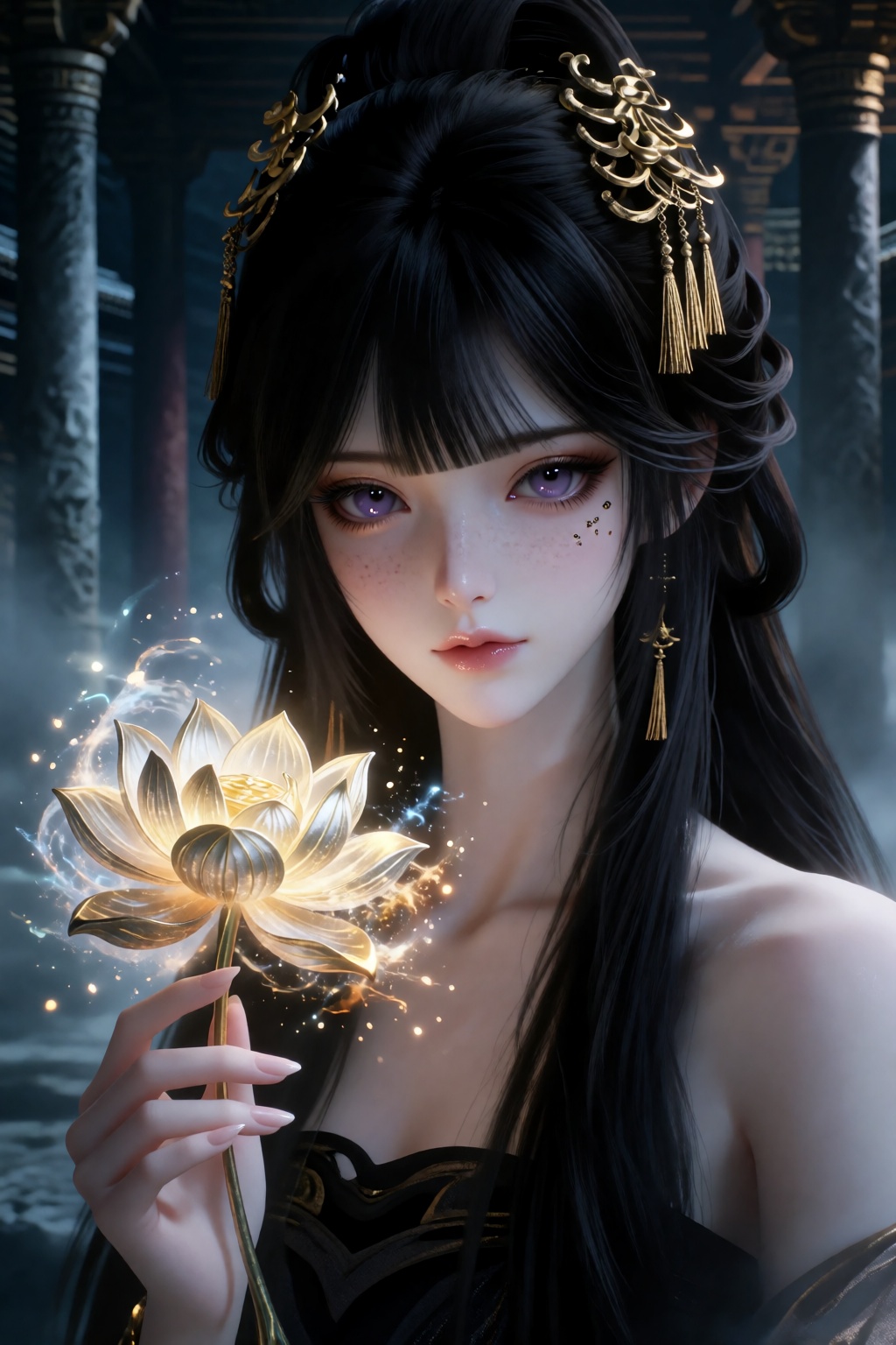 cg art style,  this is a highly detailed digital artwork featuring a young woman with pale,  porcelain skin and large on T...