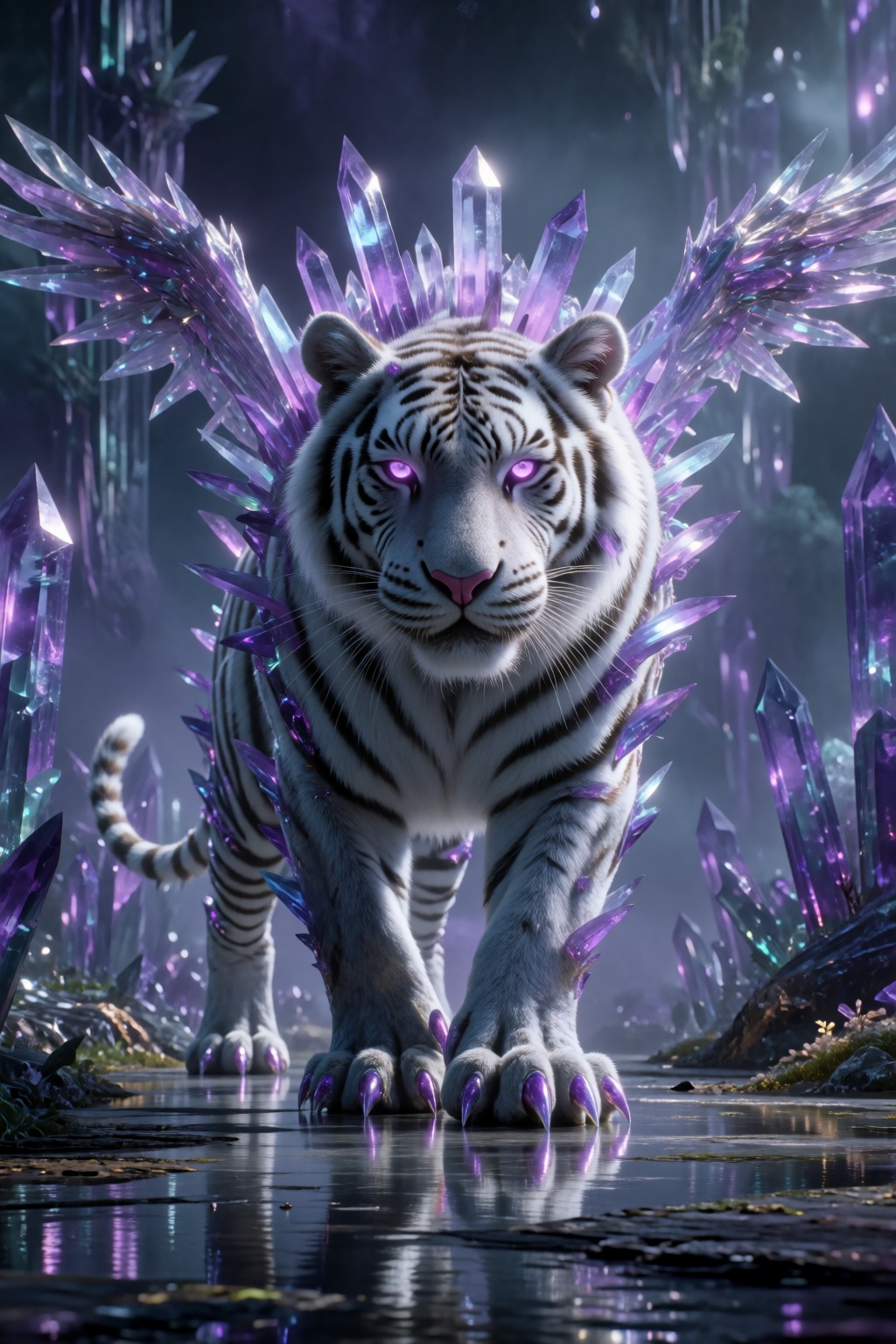 cg art style,  digital artwork of a majestic white tiger with glowing purple eyes and crystalline spikes protruding from i...