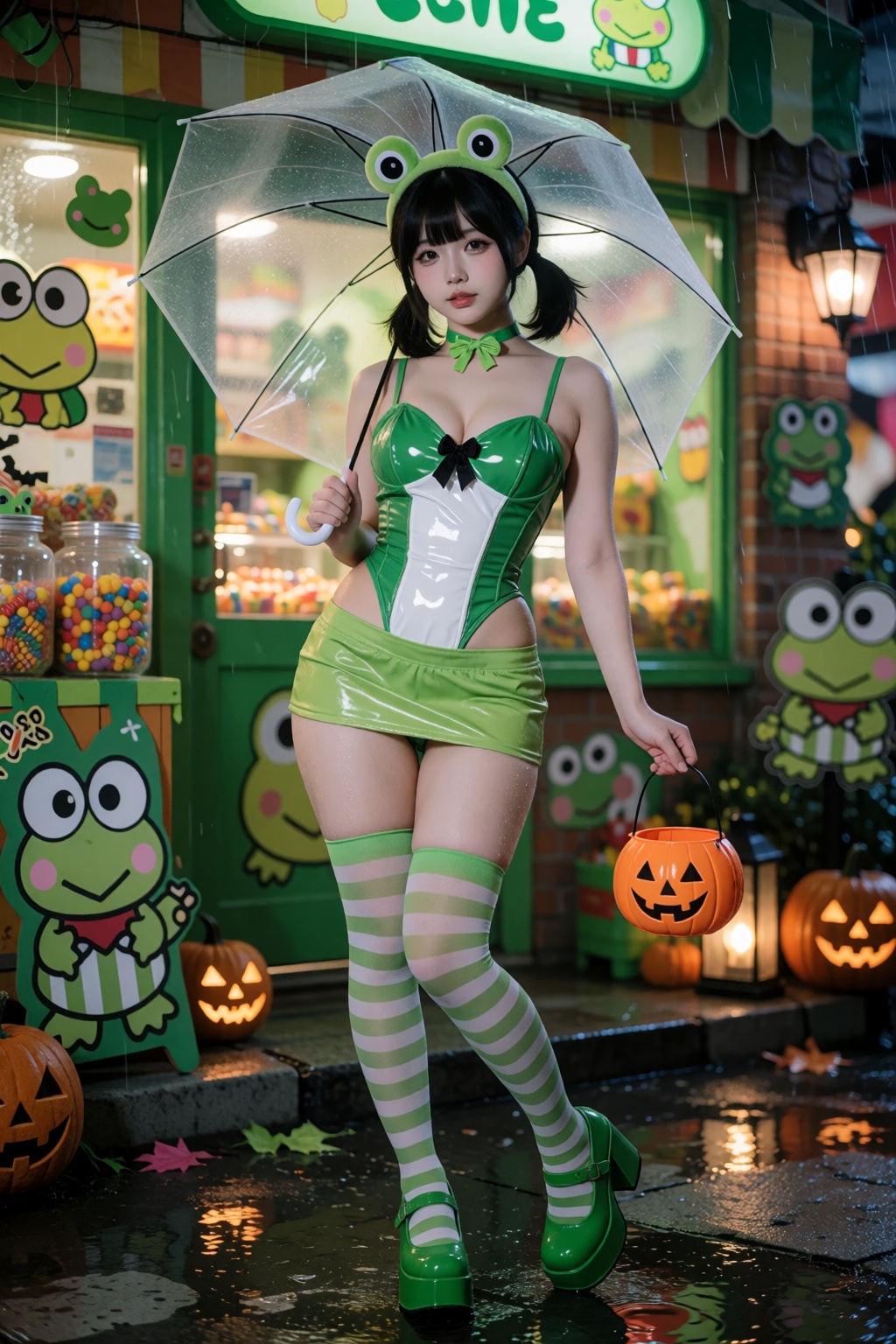 A photorealistic cute Halloween cosplay photograph captured from an eye-level full-body angle outside a frog-themed candy...