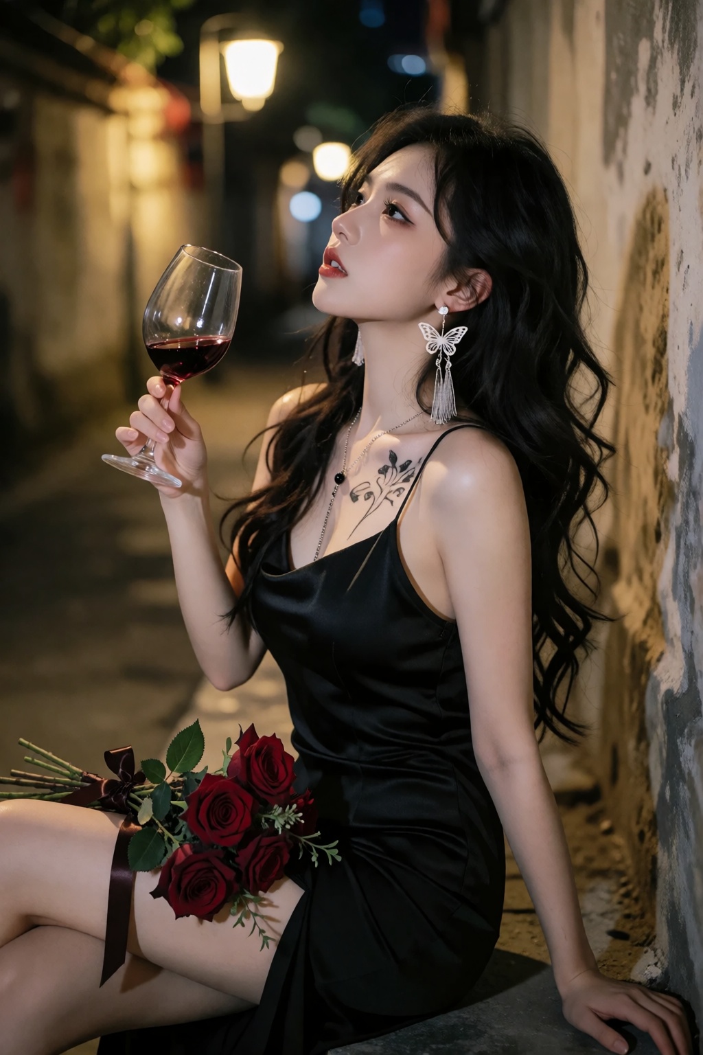 侧面坐姿,  约25 year-old黑长卷发女子戴蝴蝶形流苏耳环,  穿细链吊带黑裙 on Tensor.Art