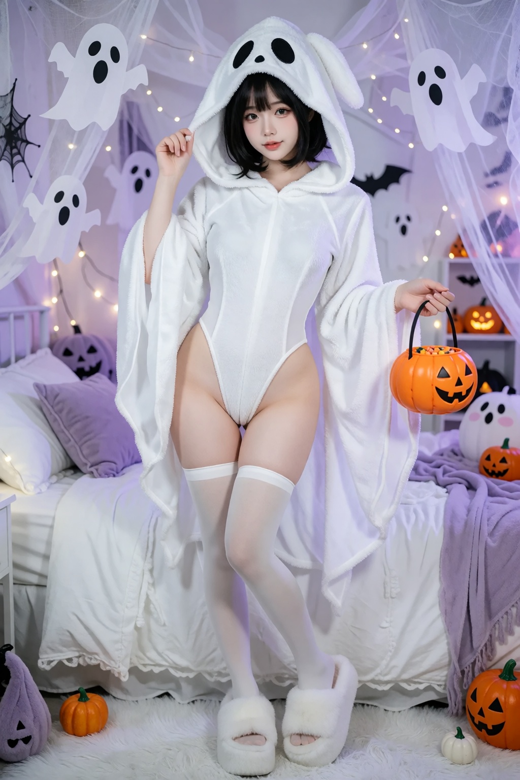 A photorealistic cute Halloween ghost costume photograph captured from a straight-on full-body perspective inside a pastel...