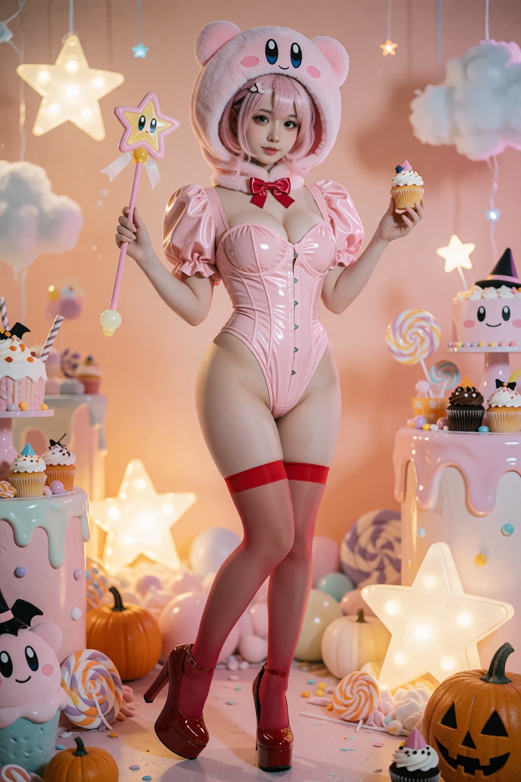 A photorealistic Halloween cartoon cosplay portrait captured from a slightly low full-body angle inside a pastel dessert s...