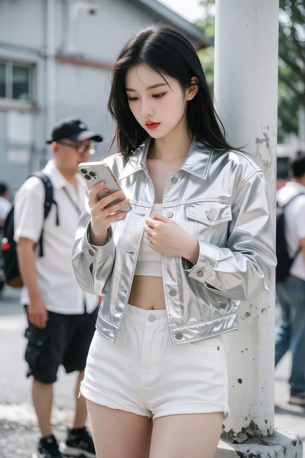 This photograph captures an East Asian woman with long black hair standing outdoors,  focusing intently on her smartphone....