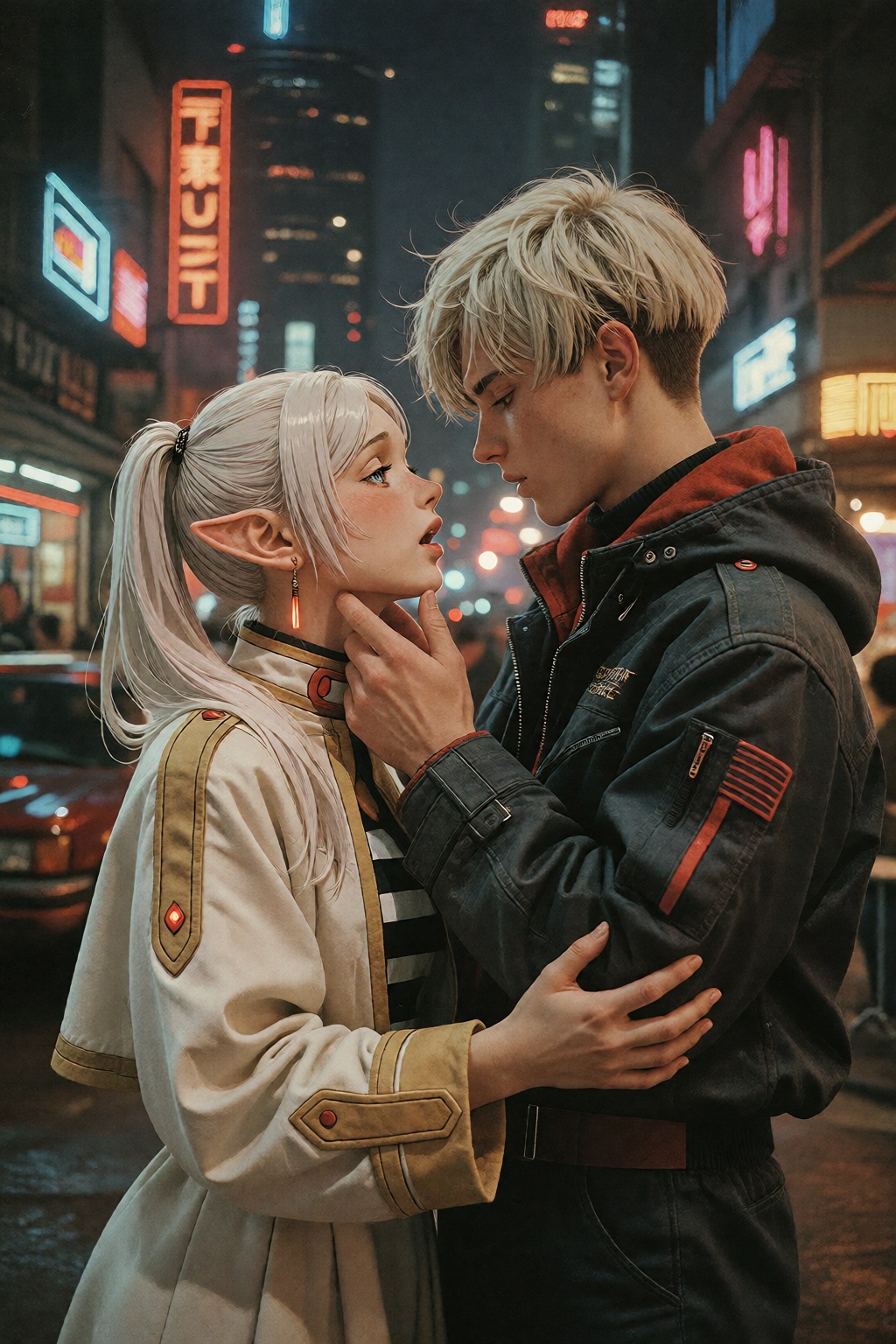 Create a retro anime scene inspired by the 1980s and 1990s styles,  featuring the Frieren and Himmel. The artwork should h...
