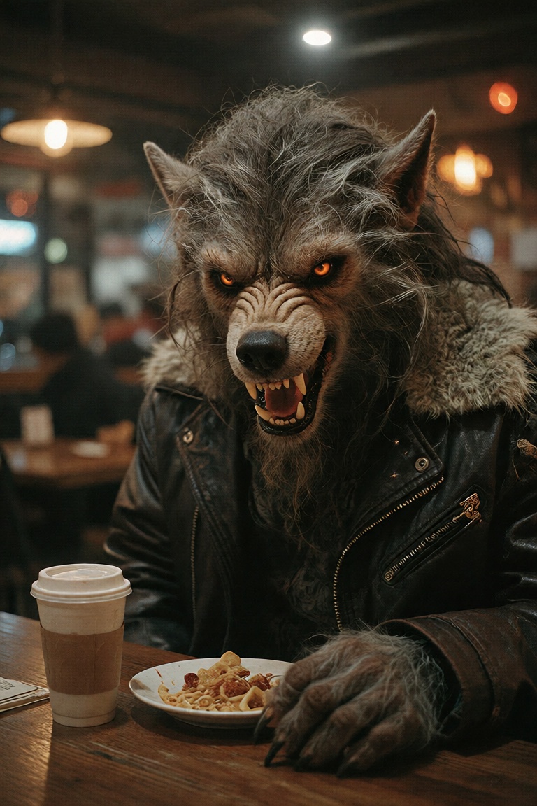 photorealistic,  detailed digital illustration of a werewolf in a coffe shop on Tensor.Art