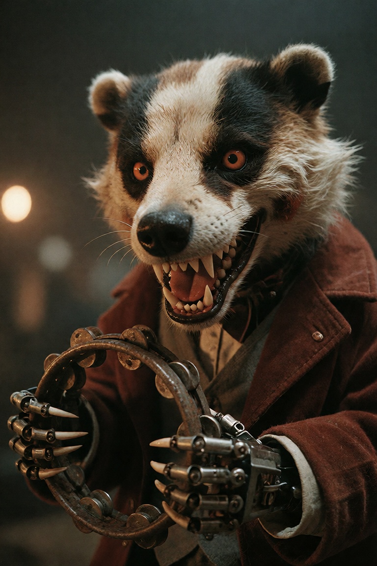 creepy vintage mechanical badger toy,  red velvet jacket,  holding a rusted tambourine on Tensor.Art