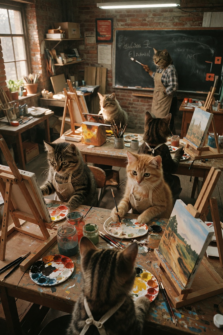 A vivid photograph highlights a group of anthropomorphic kittens participating in an art class inside a rustic workshop,...