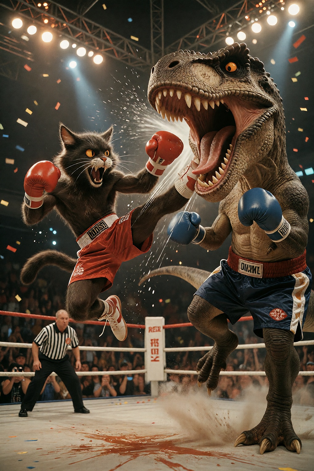 whimsical storybook illustration: A hilarious action scene inside a boxing ring: a muscular black cat,  wearing red boxing...