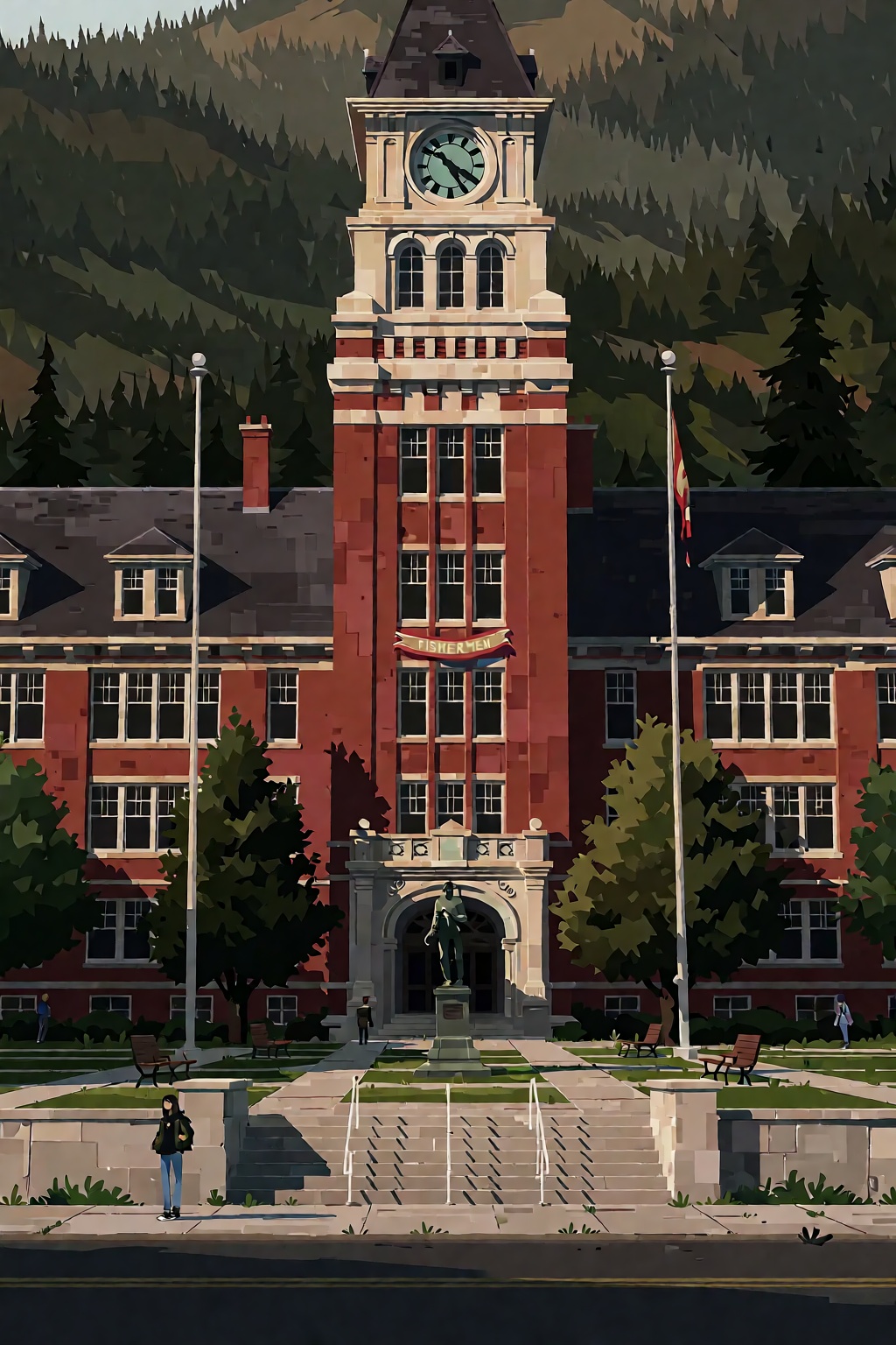 The image depicts a grand,  multi-story school building constructed of red brick,  characterized by a prominent central cl...