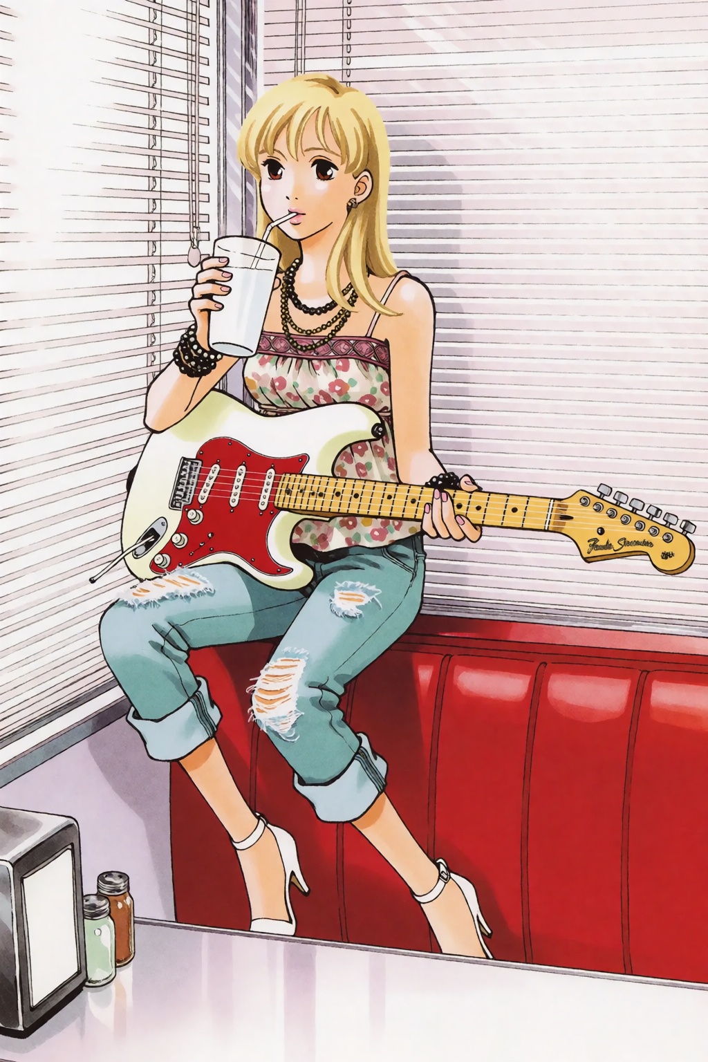 This full-body illustration depicts a young blonde woman,  likely of Japanese descent,  resting on a bright red cushioned...