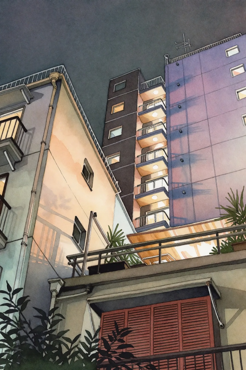 This watercolor artwork depicts an urban scene looking upward from a low angle,  capturing the interplay between architect...