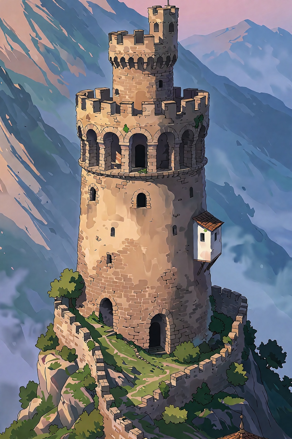 This image features a tall,  cylindrical stone tower perched atop a rocky mountain peak. The architecture of the tower is...