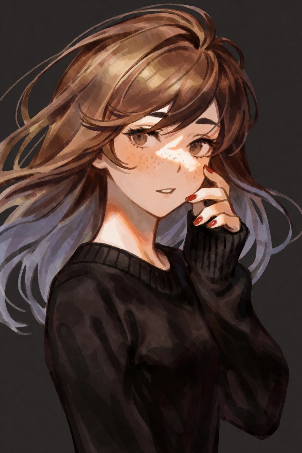 This digital illustration features a stylized female bust rendered with a painterly aesthetic reminiscent of the Nier fran...