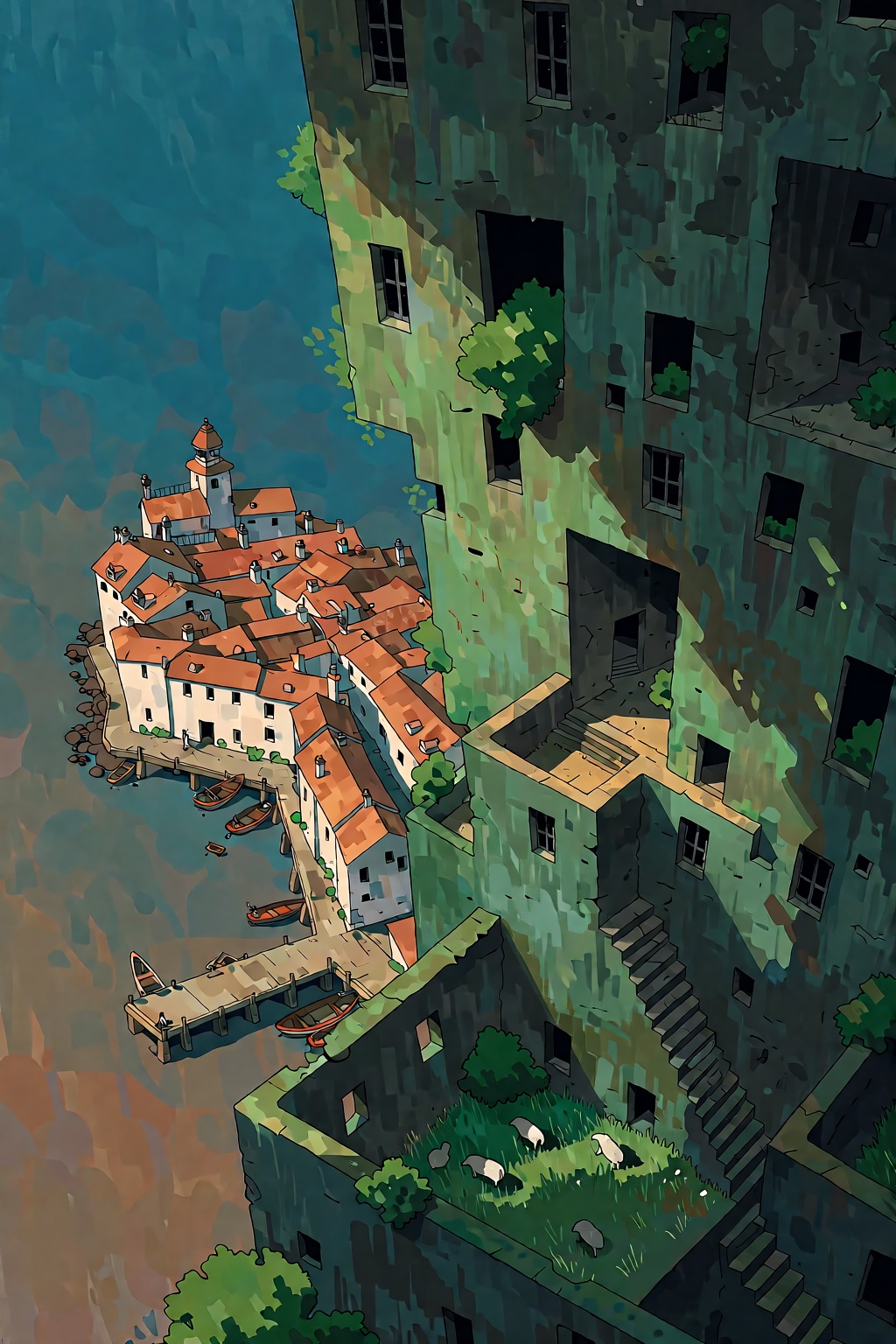 The image depicts a striking juxtaposition between an expansive,  overgrown cliffside community in the foreground and a qu...