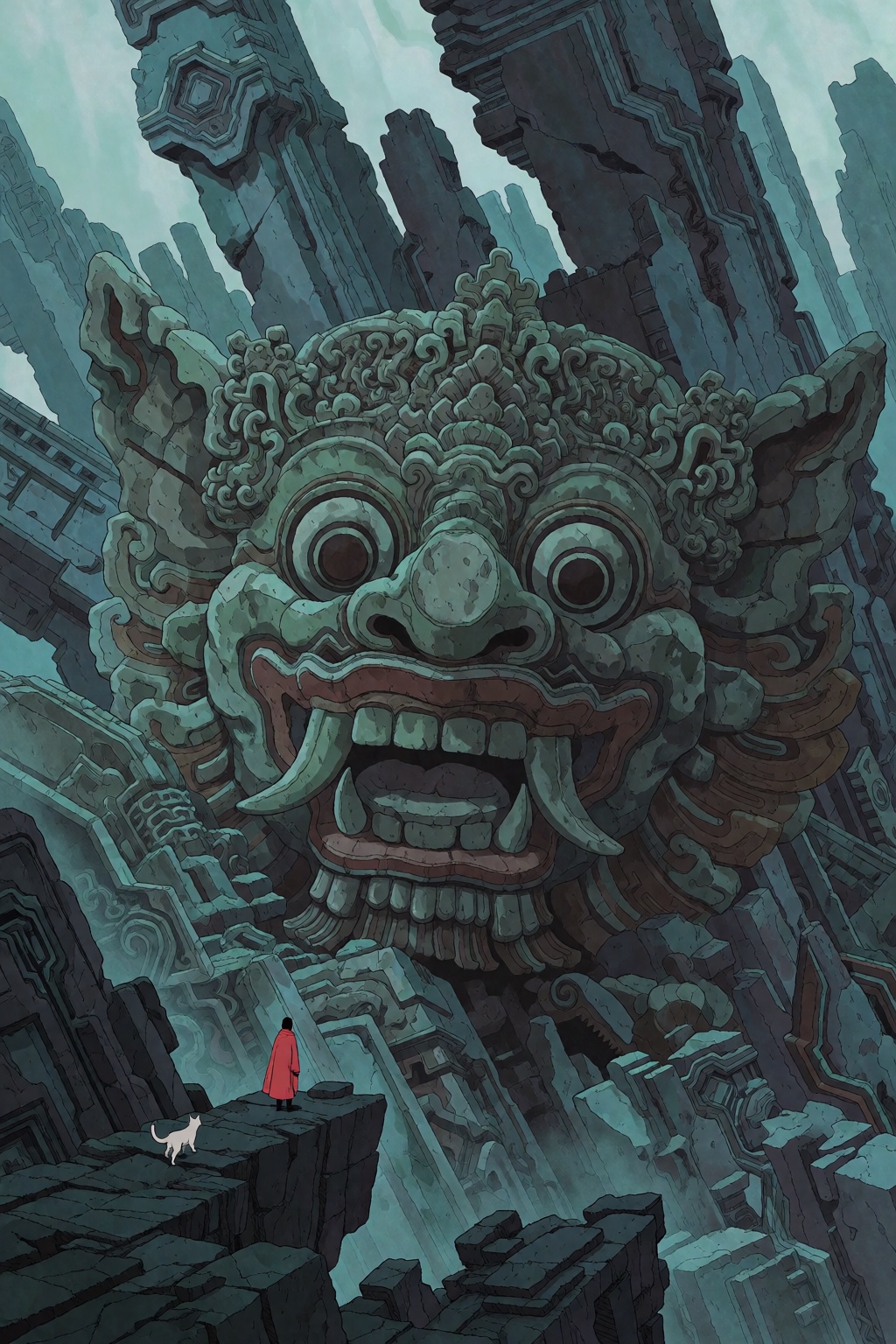 The image presents a vast and intricate fantasy landscape dominated by an immense,  weathered stone sculpture of a mythica...