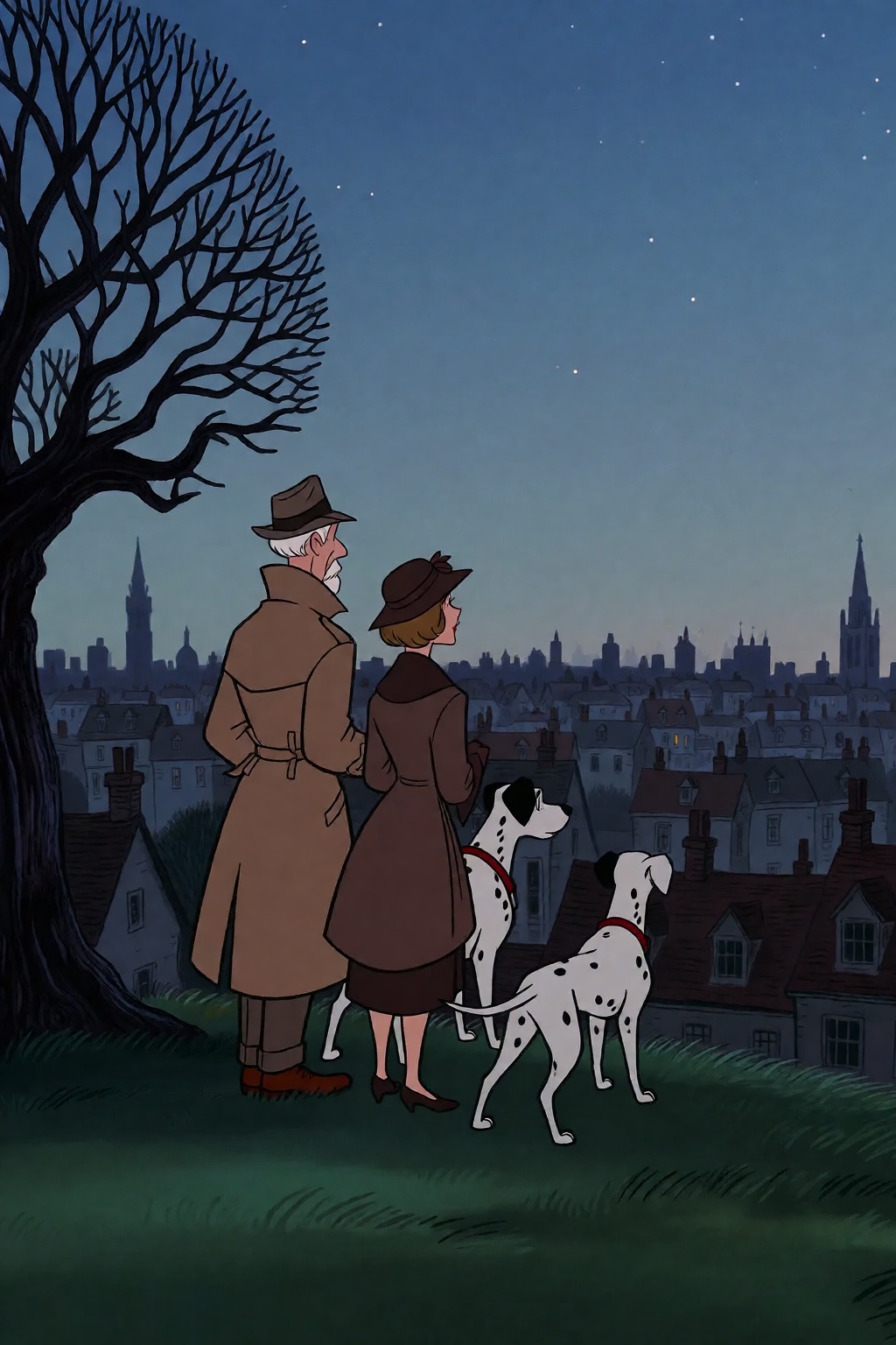 This image depicts a serene and romantic scene featuring the characters Roger and Anita Radcliffe from the Disney film One...